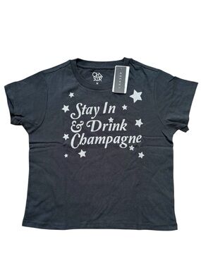 Chaser Stay In & Drink Champagne Graphic Tee Black Silver Glitter Shirt M NWT⁠